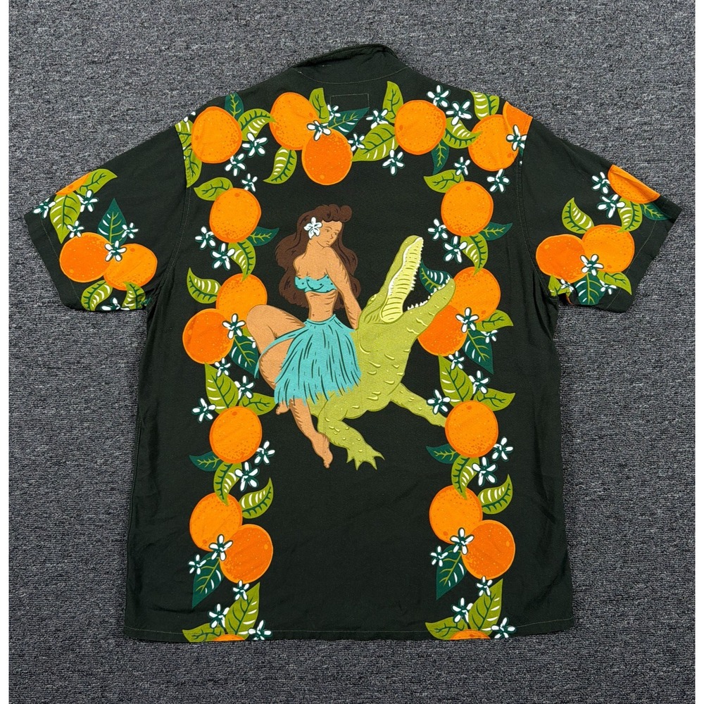 Duvin Shirt Mens XL Citrus Orange Pin Up Gator Hawaiian Short Sleeve Button Up
